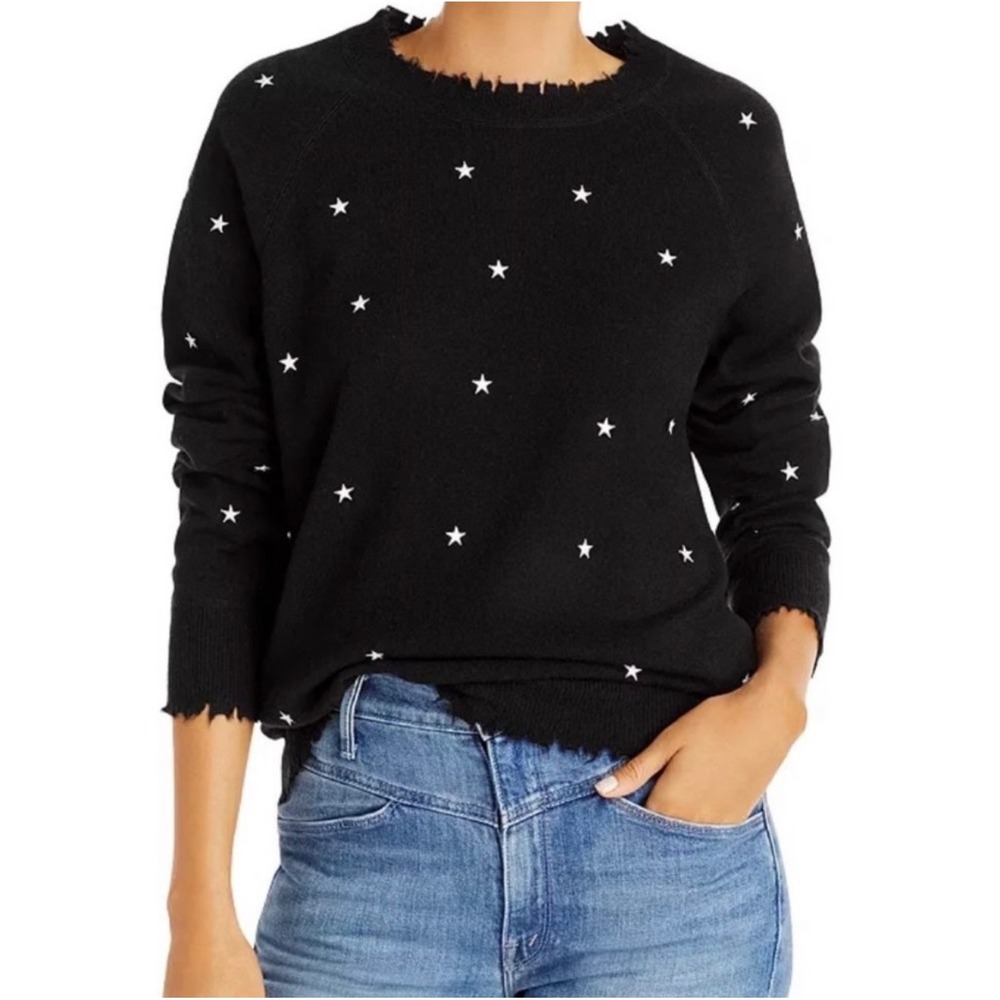 NWT Aqua cashmere star embroidered sweater black large distressed classic grunge